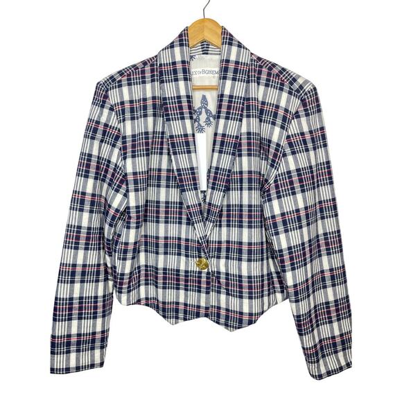 Alix of Bohemia Kefa Plaid Jacket size M NWT Cotton Cropped White/Navy/Red - Picture 1 of 8